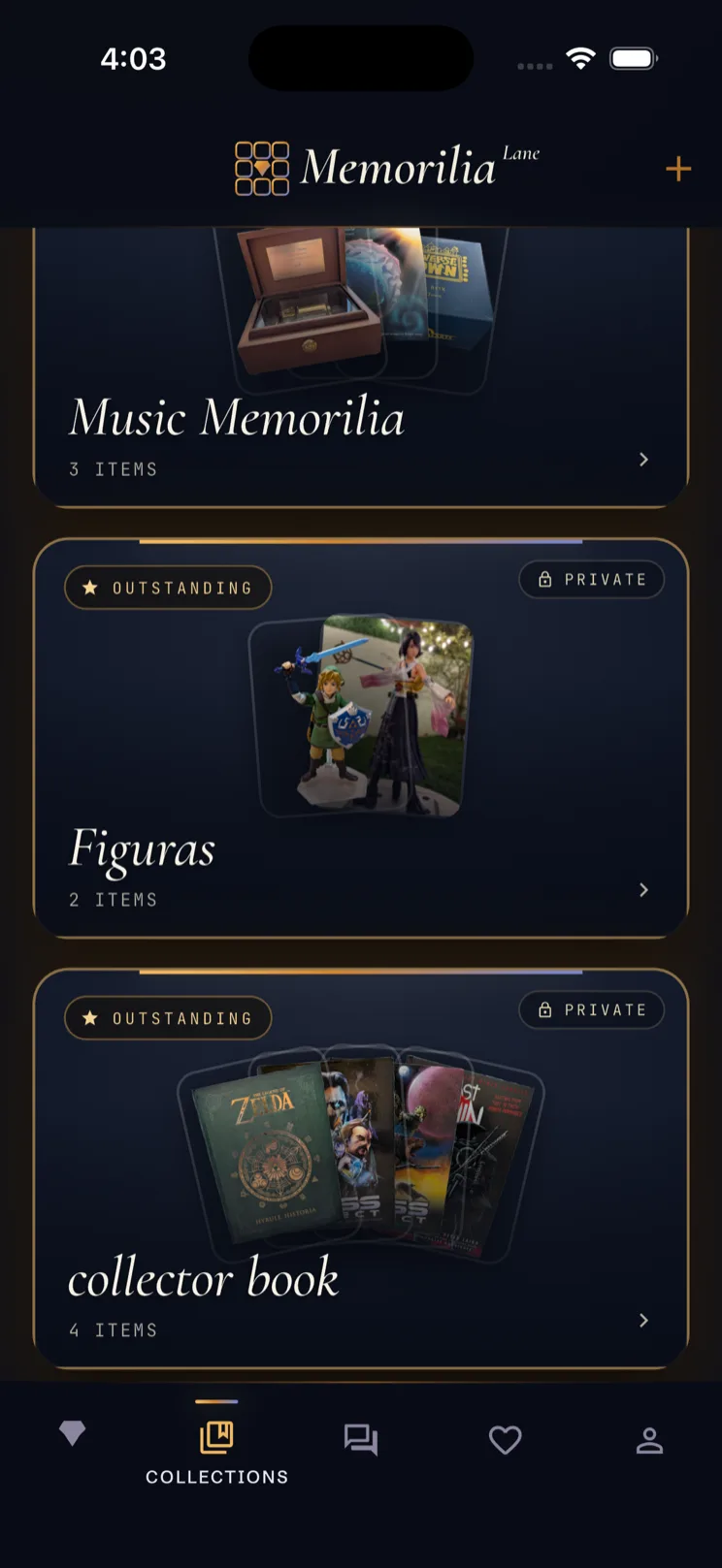 Memorilia Lane collections screen with Music Memorilia, Figuras and collector book