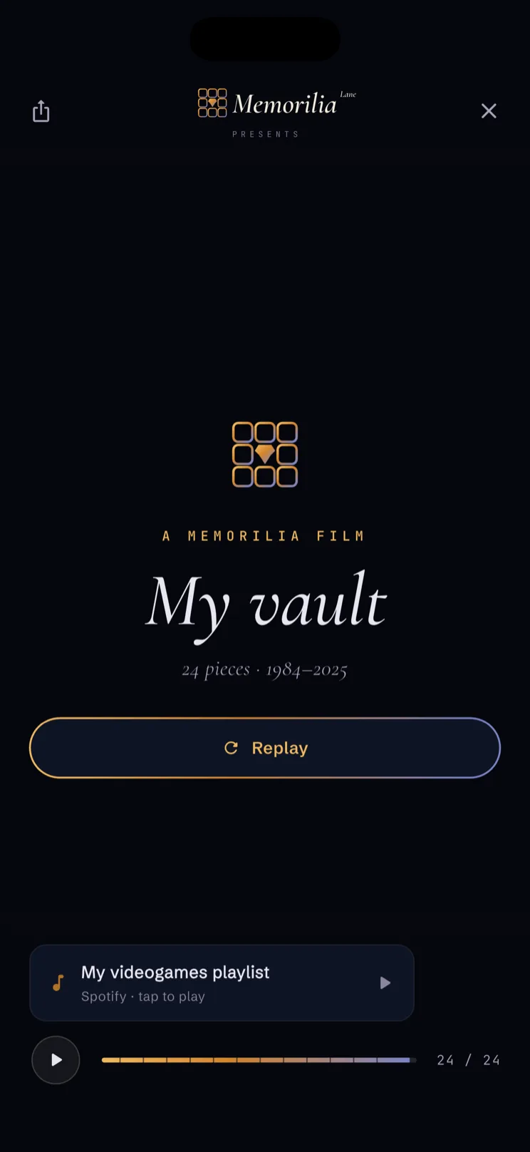 A Memorilia film title card reading My vault, 14 pieces