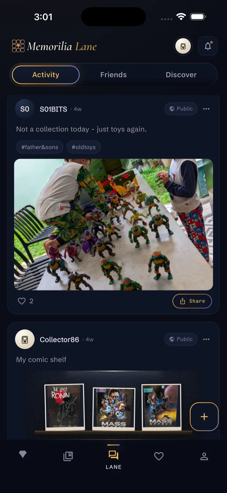 The Lane activity feed with collectors' posts and photos