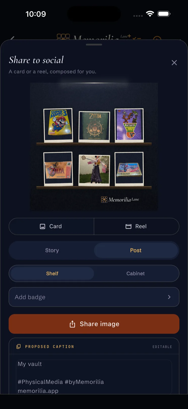 Share sheet composing a social card from six framed items