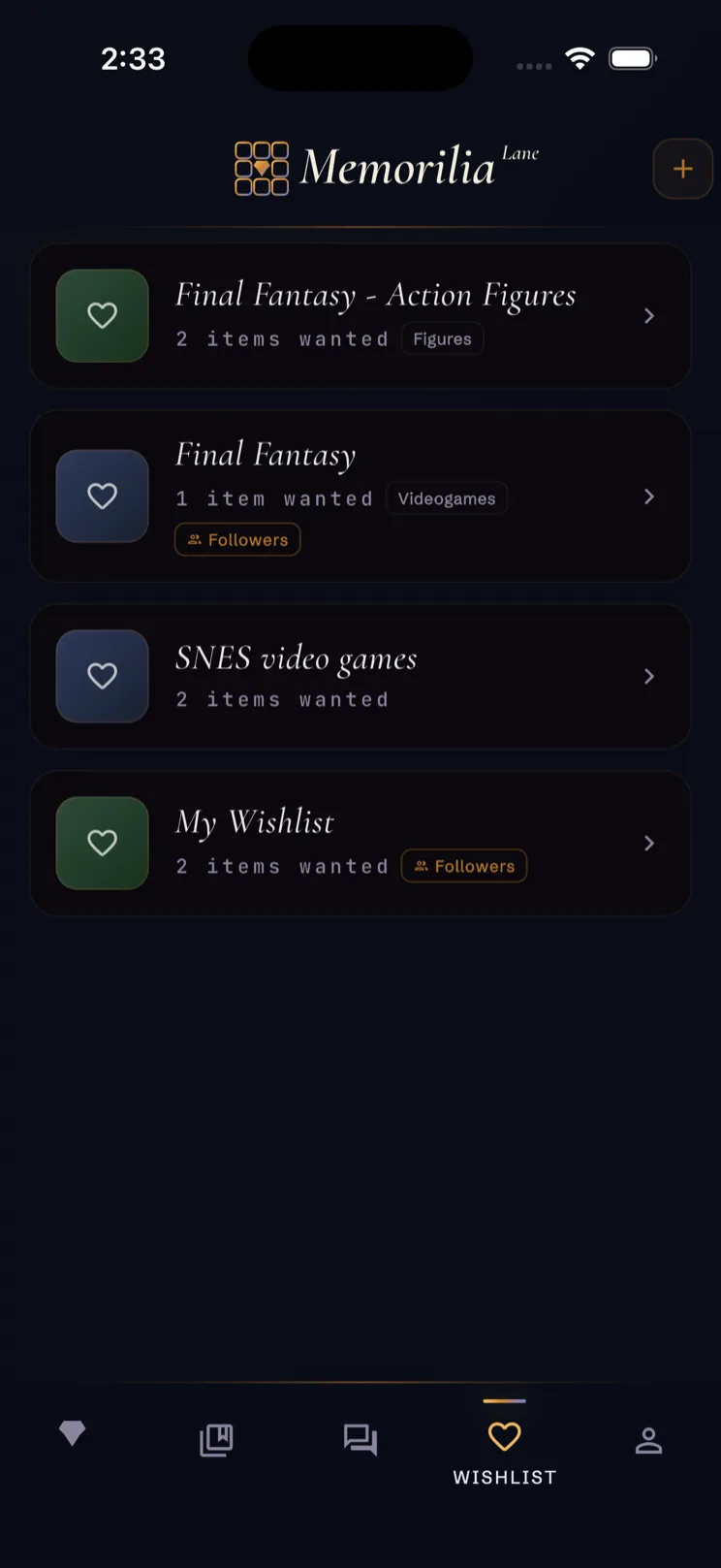 Wishlist screen with per-list visibility labels